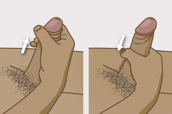 Detailtekening van de op-en-neergaande beweging van de rechterhand rond de penis tijdens het masturberen.